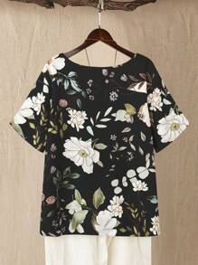 Linhara Blus Kasual Nyaman untuk Wanita Ukuran Besar dengan Motif Bunga, Leher Bulat, Lengan Pendek, dan Kancing Depan - MultiWarna - View 2