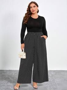 Chikora 大碼波點印花闊腿褲 - 黑色 - 查看 5
