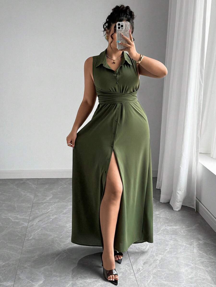 Elenzga Plus Size Women's Spring/Summer French Style Sophisticated Elegant Minimalist High-End Commuting Office Casual Vacation Afternoon Tea Solid Color Shirt Collar Open Front Button Closure Waist Crossed Tie 2 In 1 Sleeveless Shirt Dress Mid-Length Maxi Dress