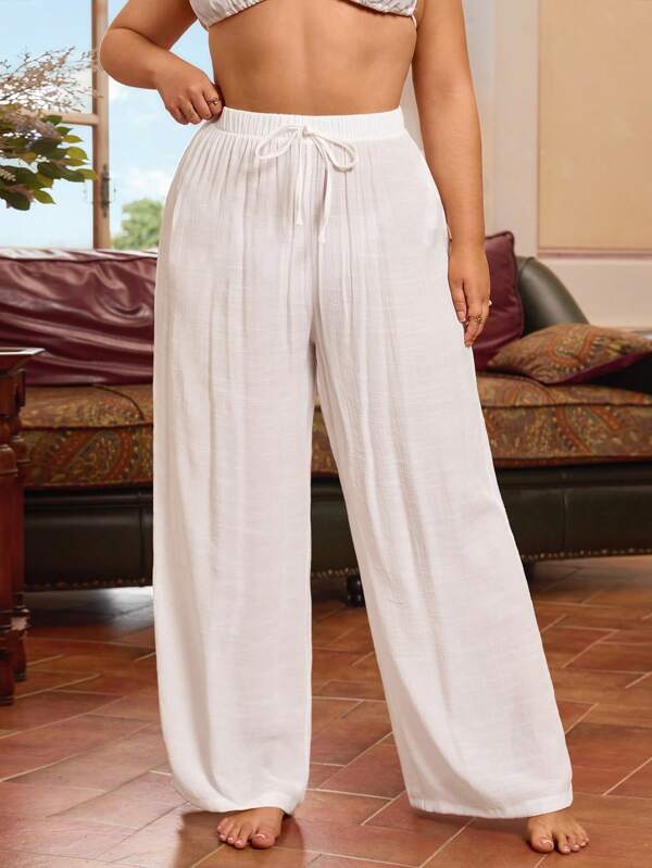 Swim Vcay Plus Size Casual Drawstring Solid White Cover Up Pants For Summer Beach Vacation