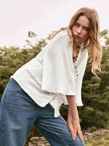 Lumivelle 新款夏季女装时尚宽松竖褶饰边V领衬衫，白色法式休闲蕾丝花边V领长袖开衫，春夏 - 白色 - 查看 6