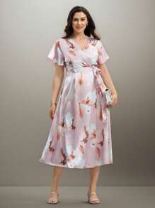 SHEIN Clasi Vestido de talla grande para mujer con estampado floral elegante, cuello en V, mangas con volantes, cintura con nudo, y largo hasta la pantorrilla. Apto para primavera y verano.