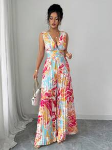 Rafferiza 女士优雅度假褶皱纹理深 V 连体衣，夏季 - 彩色 - 查看 5