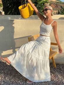 Livesso Jupe longue d'été décontractée pour femmes, couleur unie avec dentelle contrastante. Tenues pour retour à l'école et vacances pour femmes - Blanc - Voir 2
