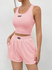 SHEIN EZwear 女士休闲运动日常通勤浅粉色字母印花露脐背心和短裤套装，夏季 - 淺粉色 - 查看 3