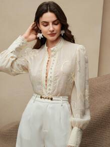 Anewsta New Puff Sleeve Shirt With Floral Lace Trim, Comfortable Versatile Casual Blouse, Spring/Summer - Apricot - View 5