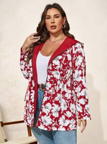 SHEIN Clasi Plus Size Women Geometric Print Reversible Long Sleeve Casual Hooded Loose Jacket, Suitable For Autumn And Winter