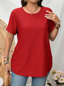 SHEIN LUNE 大码纯色圆领短袖休闲T恤 - 紅色 - 查看 5