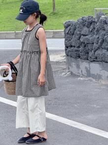 DAZY 2 件套青少年女童格子圆领无袖上衣和裤子套装，秋季时尚，返校服装 - 黑與白 - 查看 1