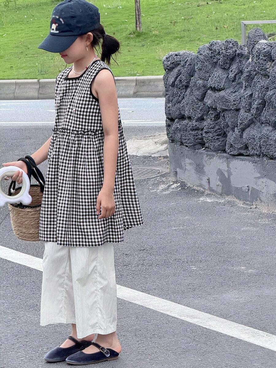 DAZY 2 件套青少年女童格子圆领无袖上衣和裤子套装，秋季时尚，返校服装 - 黑與白 - 查看 1