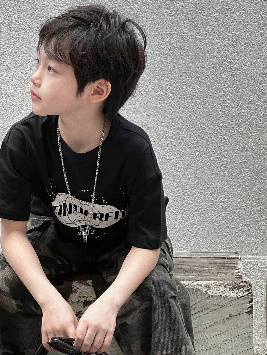 DAZY Camiseta de manga corta de cuello redondo con estampado de letras informal para niños preadolescentes, ropa de verano y de vuelta al colegio