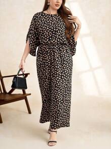 SHEIN Clasi Plus Size Women's Loose-Fit Waist-Cinching Leopard Print Half-Sleeve Wide Leg Jumpsuit, Summer,Fall,For Teachers