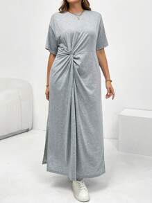 SHEIN Essnce Plus-Size Women's Summer Short-Sleeved Dress, Casual Women's Dress, Grey Dress, Knotted Dress Summer Dresses For Women