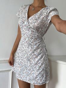 SHEIN EZwear 女式碎花斜领泡泡袖裹腰系带连衣裙，度假风格 - 白色 - 查看 4