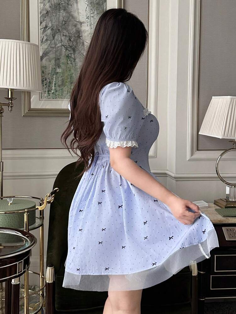 Dazy Plus Plus Size Contrast Lace Puff Sleeve Square Neck Mini Dress,Casual Women Dresses
