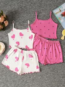 SHEIN Bộ đồ ngủ chống cháy rộng rãi họa tiết trái tim và chấm bi mùa hè 4 món cho bé gái tuổi mới lớn - Màu Hồng Tươi - Xem 2