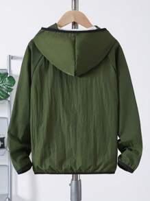 1 pieza Chaqueta ligera con capucha para niño preadolescente, manga larga, color verde con decoración de remates negros, para primavera/verano/otoño