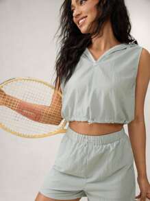 Hanevo Damen silbernes ärmelloses Top mit Kapuze & Shorts mit Gummibund - Silber - Übersicht 6