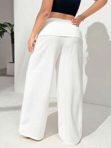 SHEIN EZwear بنطال مريح بخصر واسع وذو ساق واسعة وواسعة الأرجل للنساء ذوات الحجم الكبير، بلون أحادي لفصل الصيف - أبيض - مشاهدة 2