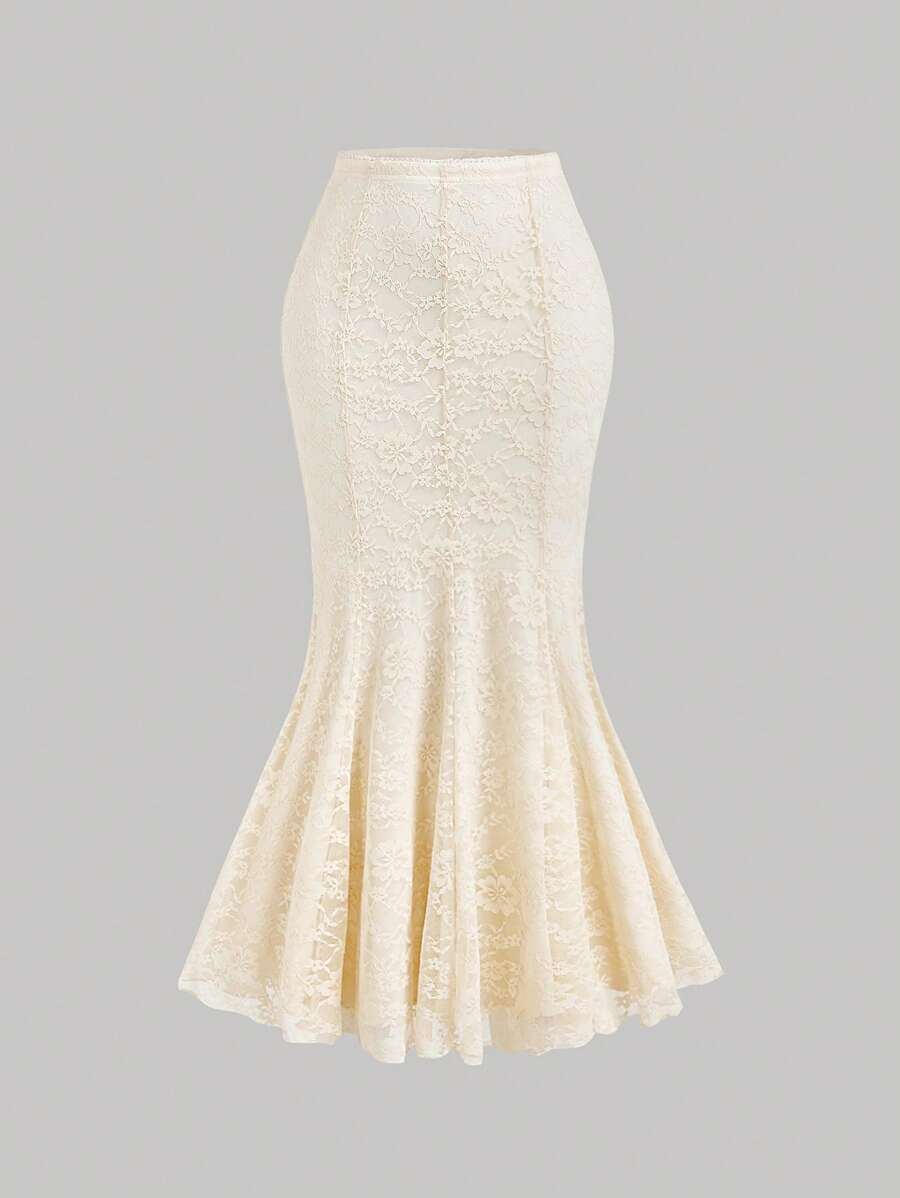 SHEIN MOD Women's Apricot Fitted Lace Mermaid Skirt,Party,Classy,Retro,Vintage,Concert,Classy,Wedding Guest Skirt Women,Birthday,Fairycore,Goth,Boho,Tea Party - Apricot - View 1