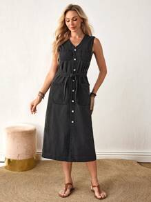 SHEIN LUNE Women's Solid Color Simplistic Casual Sleeveless Denim Dress - Grey - View 6