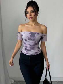 Elenzga Women's Floral Print Off Shoulder Mesh T-Shirt - Mauve Purple - View 4