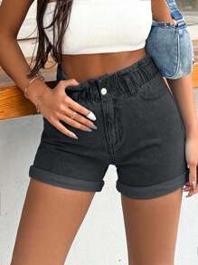 EURMUSE 100%Cotton Rigid, Elastic Band Detailed Shorts ,Petite Women - Dark Grey - View 6