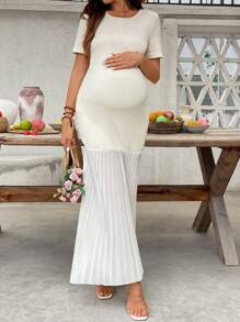 SHEIN Pregnant Women Round Neck Splice Pleated Casual Short Sleeve Midi Dress, Summer - Khaki - View 5