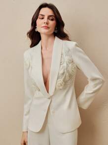 Anewsta 时尚优雅针织 3D 花朵图案女式西装裤和西装外套套装，适合办公室和休闲穿着