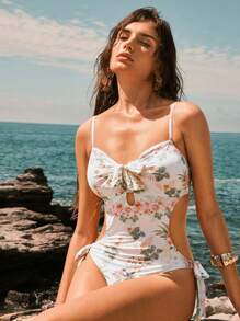 Elaire 1pc Elegant Floral Print Cutout Back Tied Waist One-Piece Swimsuit For Summer Beach Vacation - Multicolor - View 3