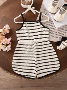 SHEIN Elladie kids 年轻女孩夏季新款简约黑白条纹黑色拼色可调节肩带连体裤，蝴蝶结腰带装饰，休闲运动连体衣 - 黑與白 - 查看 2