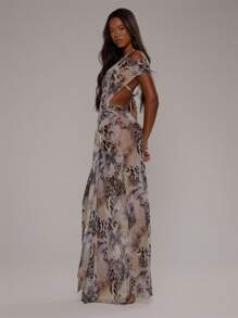 MUSERA Asymmetrical Neck Short Sleeve Print Chiffon Fitted Maxi Cover Up Beach Dress Swim Vacation Spring Summer Elegant Sexy
