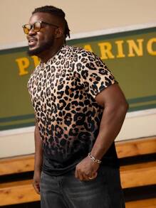EASEVO Plus Size Men's Loose Knit Leopard Gradient Print Round Neck Short Sleeve T-Shirt - Black - View 4