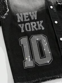 ROMWE MEN Street Life Men's Boxy Fit Rhinestone Embellished Denim Shirt - Black - View 3