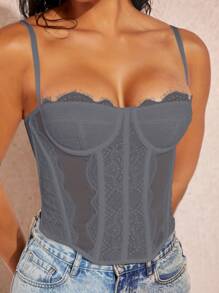 Silquee Ladies' Slim Fit Lace Contrast Mesh Camisole Top,Fall/Autumn - Dark Grey - View 4