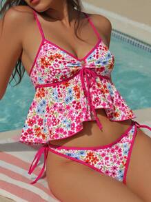 Swim Mod 2 件套女士碎花镂空系带前开式比基尼上衣和侧系带三角泳裤泳衣套装 - 彩色 - 查看 1