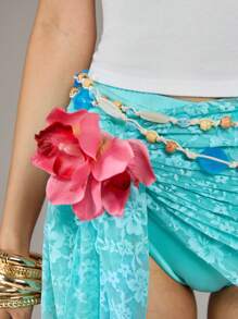 ROMWE Avant Y2K Summer Beach Resort Hibiscus Print English Rhinestone Wrap Skirt & Sheer Tee 2 Pieces Set For Women - Blue - View 7