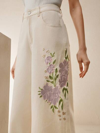 Anewsta Fashionable Women Embroidered Straight-Leg Wide Leg Jeans