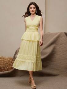 Anewsta Vestido ajustado de mujer sin mangas con adorno de encaje en la cintura