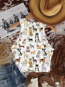 SHEIN EZwear Casual Retro Nomadic Cute Puppy Print Round Neck Slim Fit Women Tank Top, Suitable For Summer Chic - Multicolor - View 2