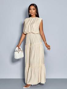 SOLERSUN Spring/Summer Women's Wear Everyday Leisure Vacation Apricot Woven Crew Neck Button Back Slit Short Sleeves Gathered Shoulders Elastic Gathered Waist Layered Legs Long Jumpsuit - Apricot - View 3