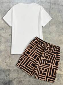 AXEPEAK 男士卡通印花针织短袖 T 恤和梭织短裤套装夏季服装，街头服饰必备品 - 彩色 - 查看 2