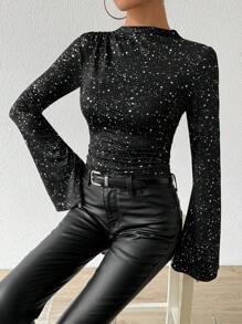 Vavine Women's Autumn Long Sleeve Flared Cuff High Neck Metallic Silver Ruched Asymmetric T-Shirt Women Tops For Spring Fall - Black - View 7