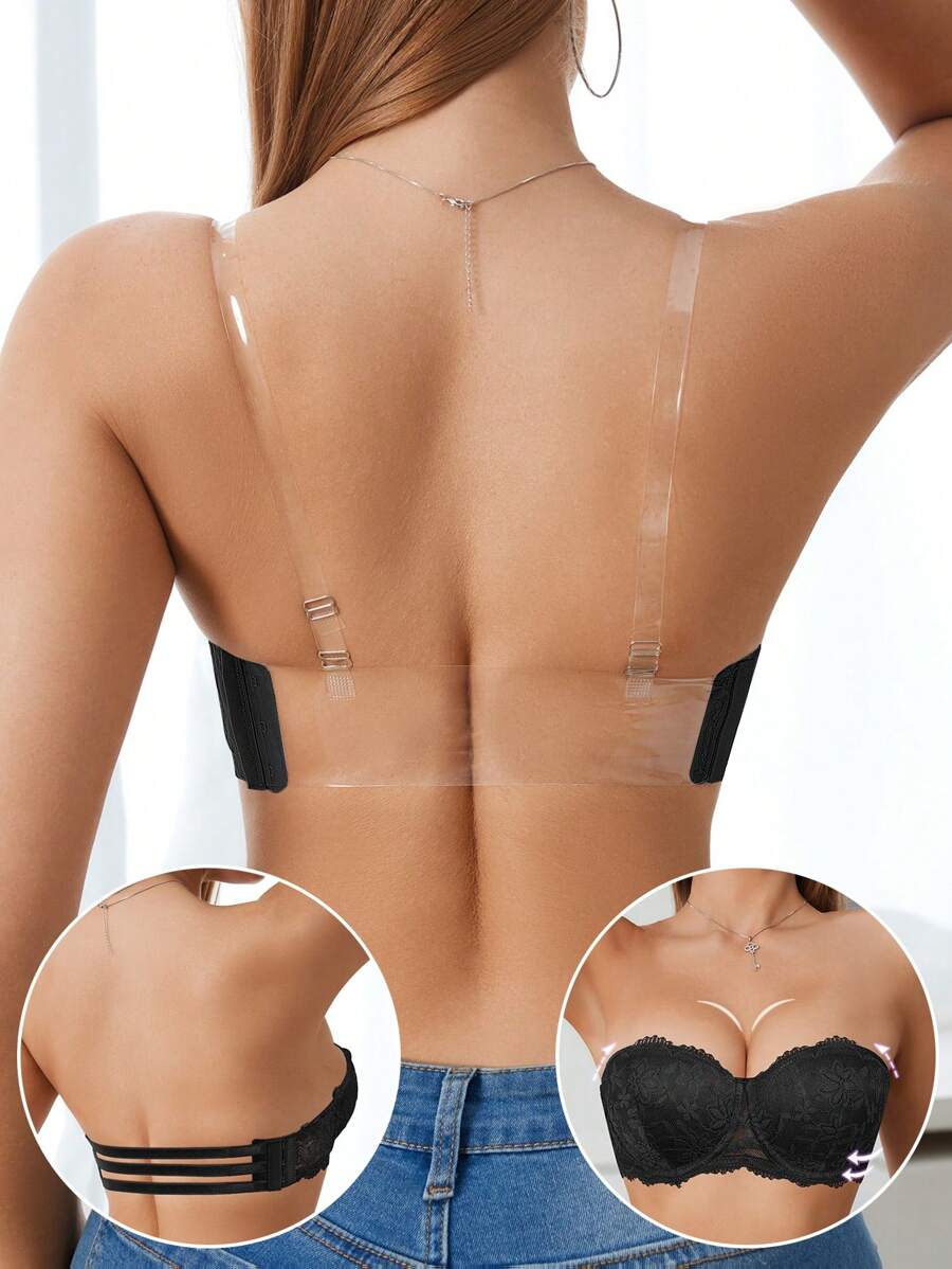 1pc Women Sexy Lace Wire-Free Bra, Small Bust Enhancing Push-Up, Slip-Resistant Seamless Convertible Backless Bra - Black - View 1