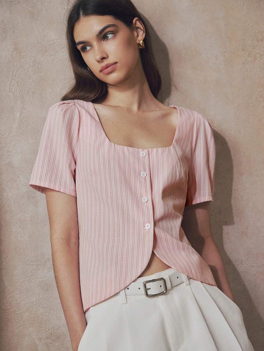 Chiquease 女式简约复古法式方领短袖条纹短款棉麻衬衫，夏季 - 粉色 - 查看 1