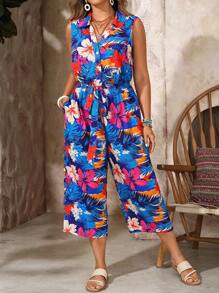 EMERY ROSE Monos de verano de talla grande con estampado integral, botones y lazada en los tirantes, de uso casual - Multicolor - Ver 5