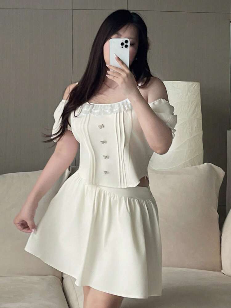 Dazy Plus 2pcs Lace Splicing Collar Puff Sleeve Top & Mini Solid Skirt Set, White Lounge Sets For Women