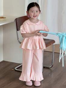 DAZY Young Girl (Small) Cute Peter Pan Collar Puff Sleeve Shirt + Mid-Length Flared Hem Relaxed Casual Pants 2-Piece Set, Summer - Pink - View 1
