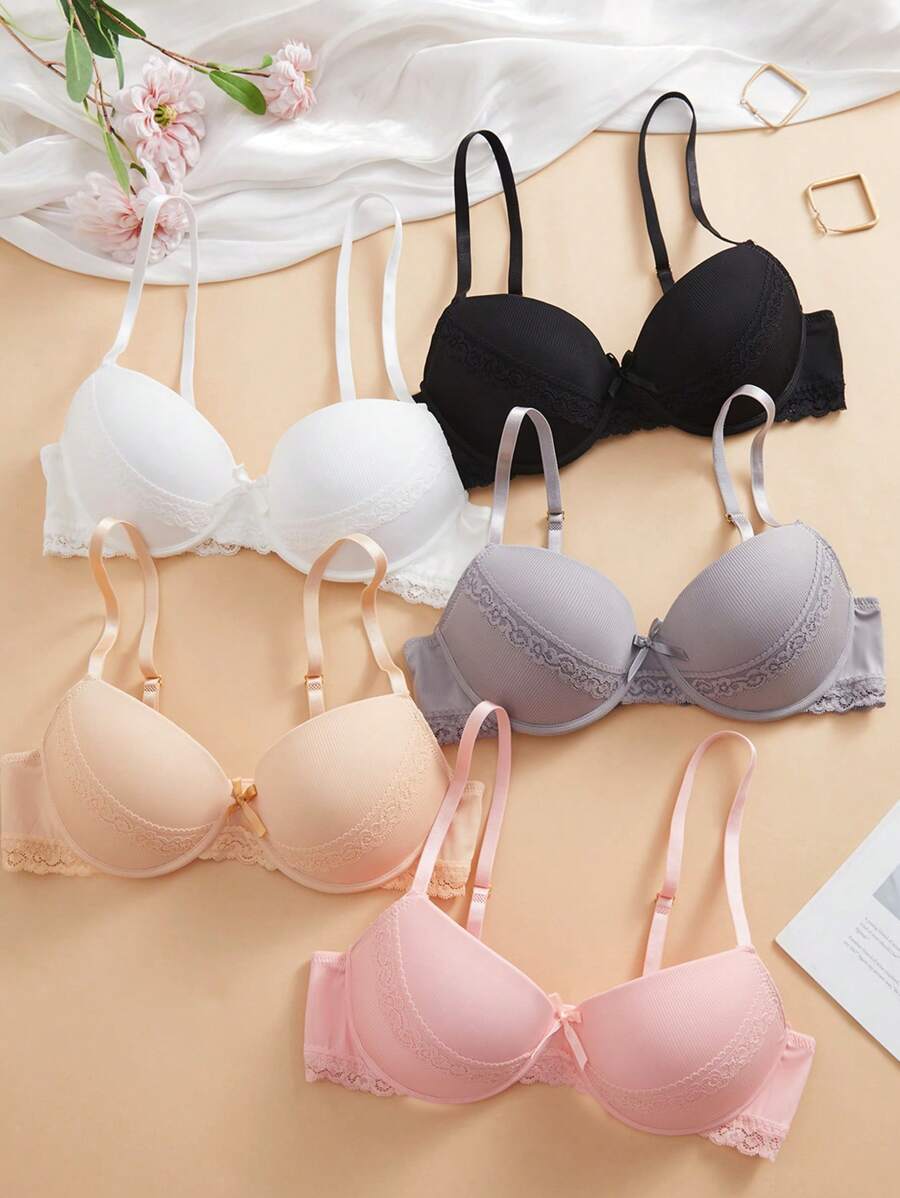 SHEIN 5件套简约女士蕾丝拼接无钢圈文胸