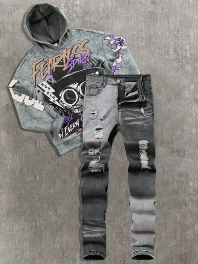 SHEIN Teen Boy Fashion Casual Vintage Cut Out Ripped Frayed And Design Sense Gradient Wash Aqua Gray Stretch Skinny Jeans, Cool Thanksgiving Soft Dailywear And Fall/Winter